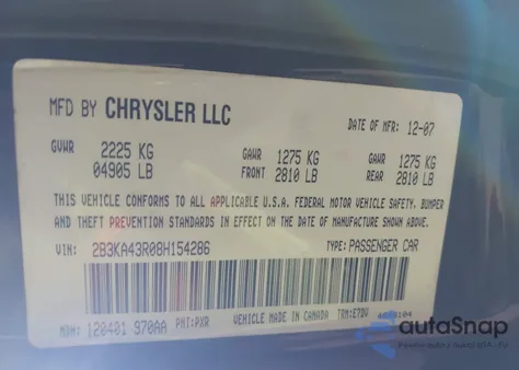 2008 Dodge Charger из США, поврежденный, VIN 2B3KA43R08H154286